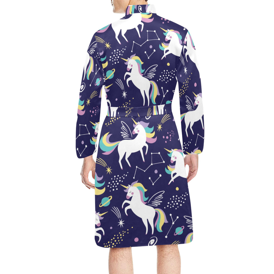 Hand drawn cute unicorn star planet Men's Long Sleeve Belted Night Robe