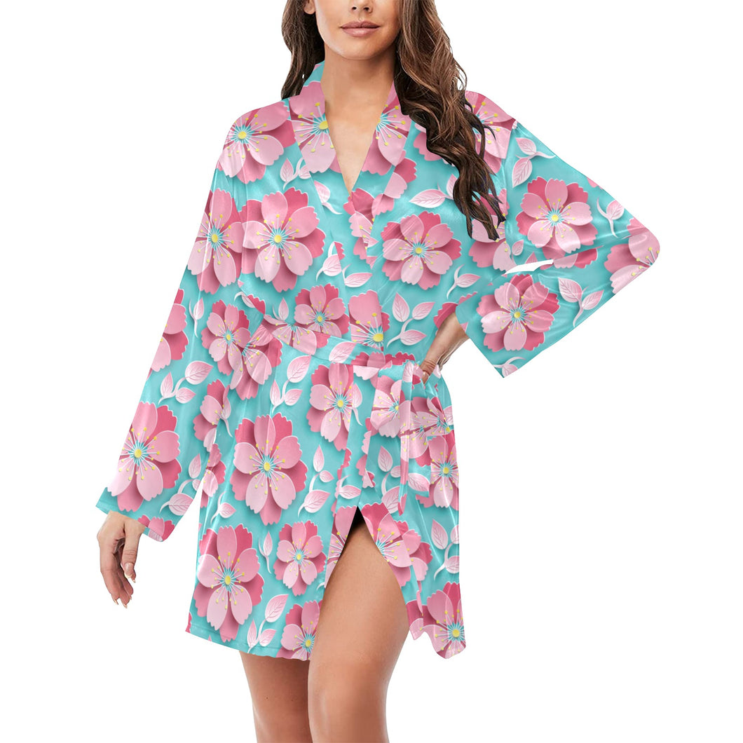 3D sakura cherry blossom pattern Women's Long Sleeve Belted Night Robe