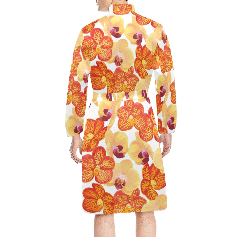 Orange yellow orchid flower pattern background Men's Long Sleeve Belted Night Robe