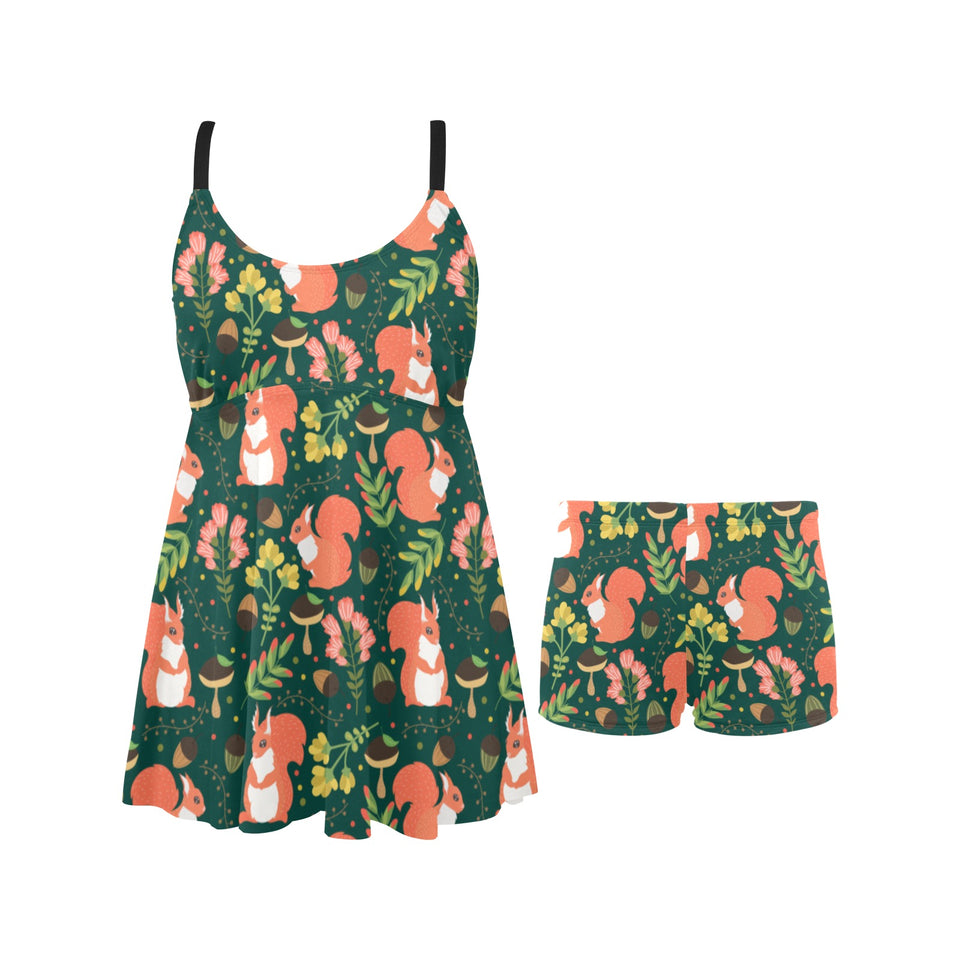 Squirrel Pattern Print Design 03 Chest Sexy Pleated Two Piece Swim Dress