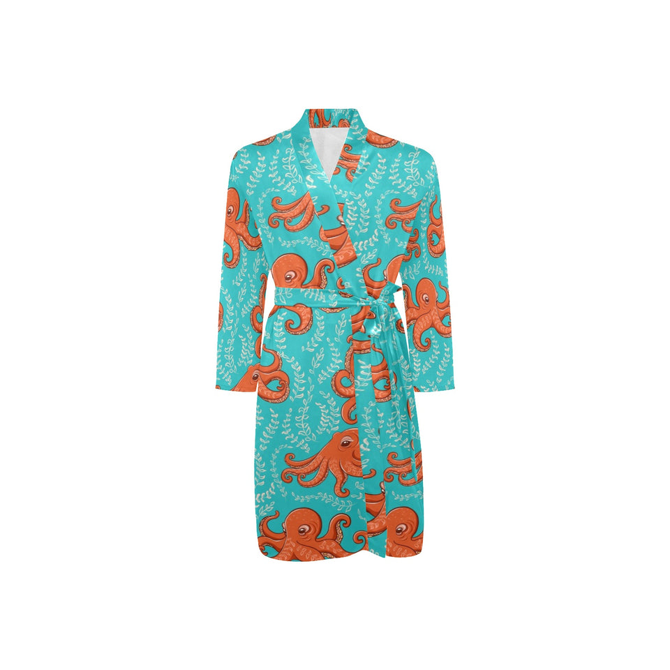 Octopus turquoise background Men's Long Sleeve Belted Night Robe