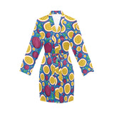 Passion fruit blue background Women's Long Sleeve Belted Night Robe