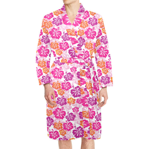 Hibiscus Pattern Print Design 01 Men's Long Sleeve Belted Night Robe