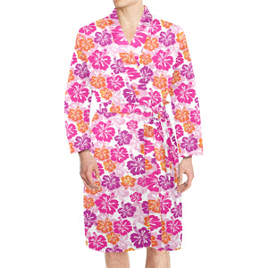 Hibiscus Pattern Print Design 01 Men's Long Sleeve Belted Night Robe