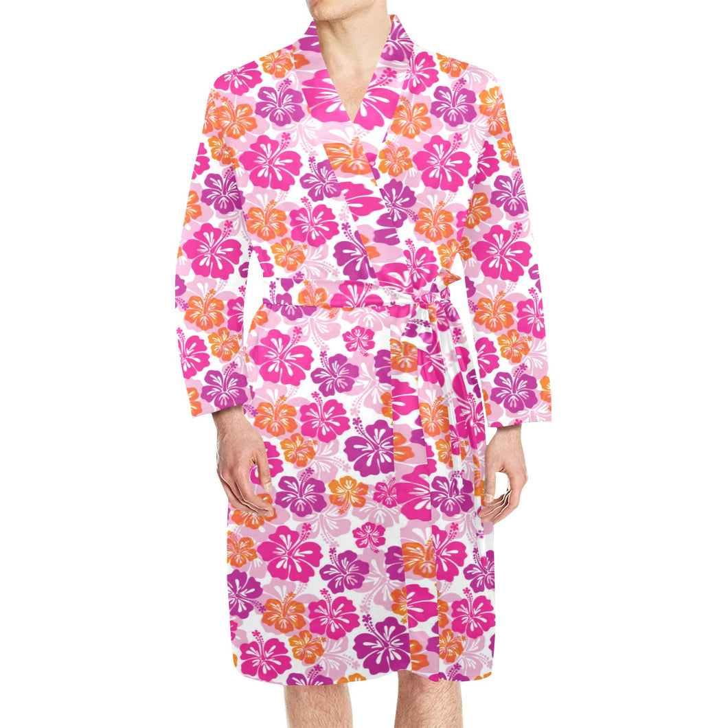 Hibiscus Pattern Print Design 01 Men's Long Sleeve Belted Night Robe