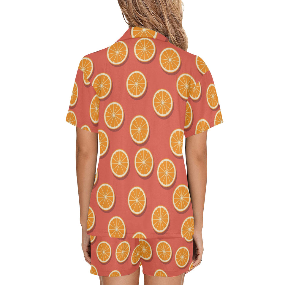 Oranges pattern red background Women's V-Neck Short Pajama Set