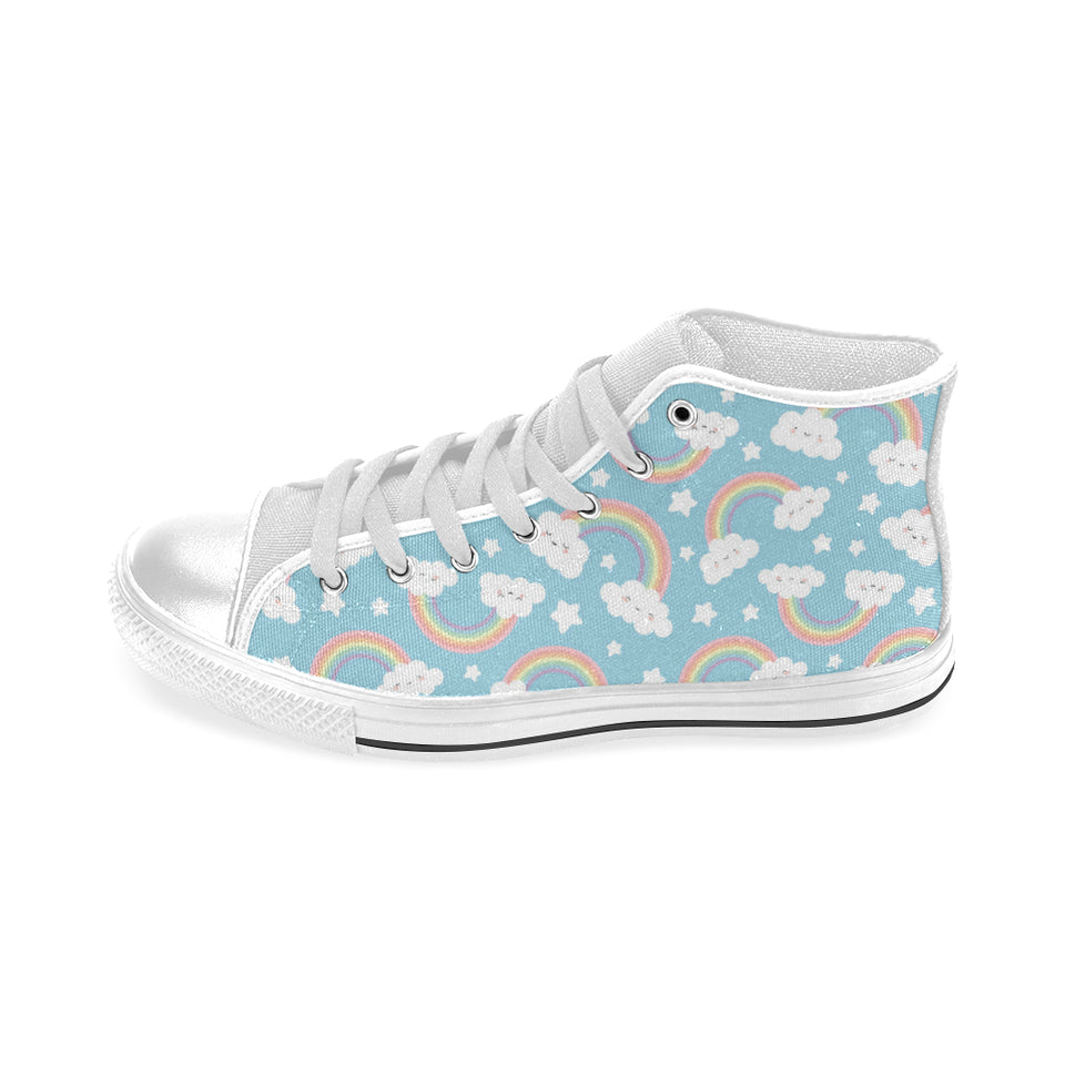 Cute rainbow clound star pattern blue background Men's High Top Canvas Shoes White