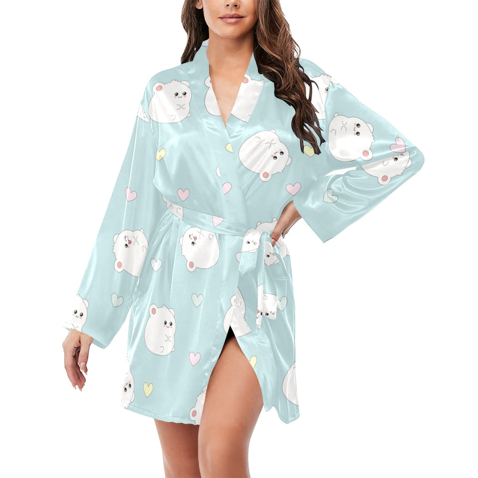 White cute hamsters heart pattern Women's Long Sleeve Belted Night Robe