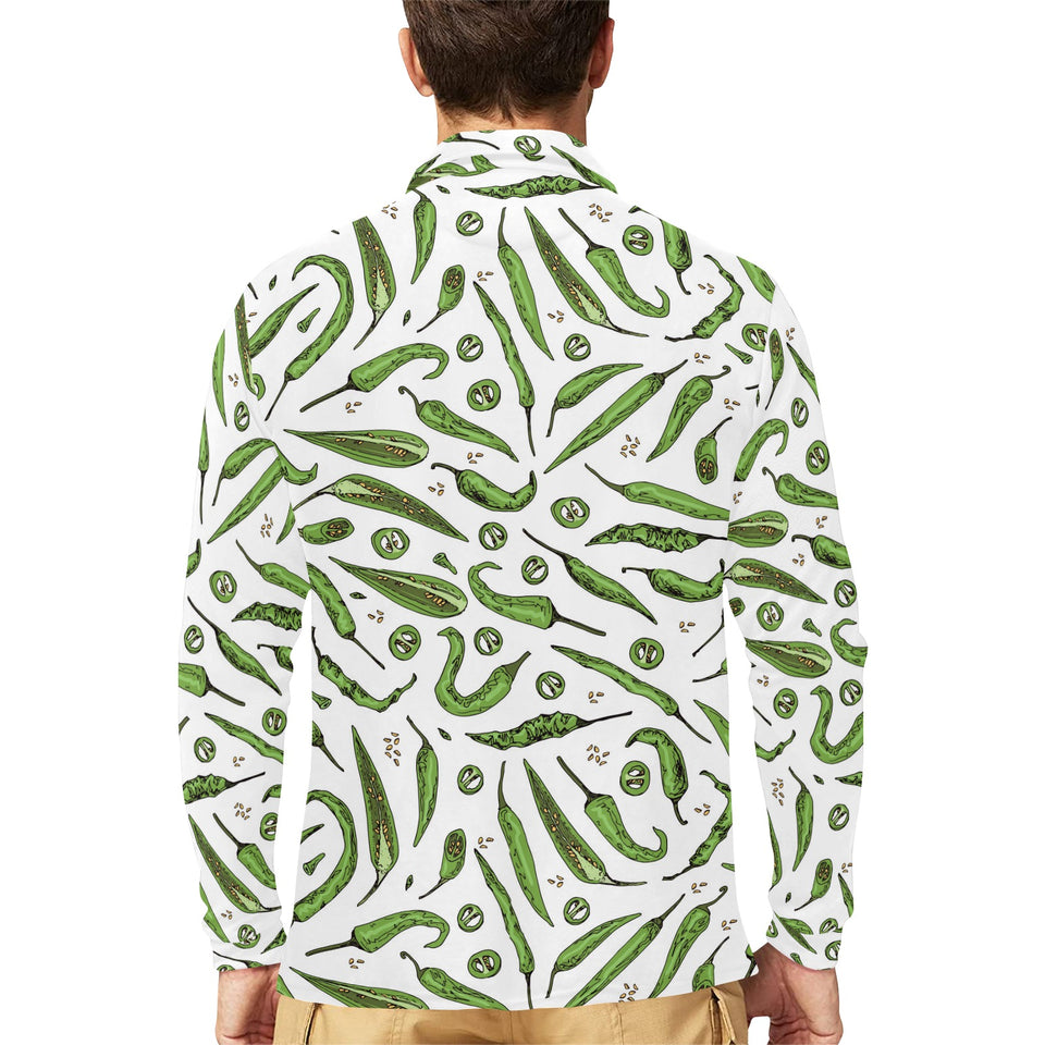 Hand drawn sketch style green Chili peppers patter Men's Long Sleeve Polo Shirt