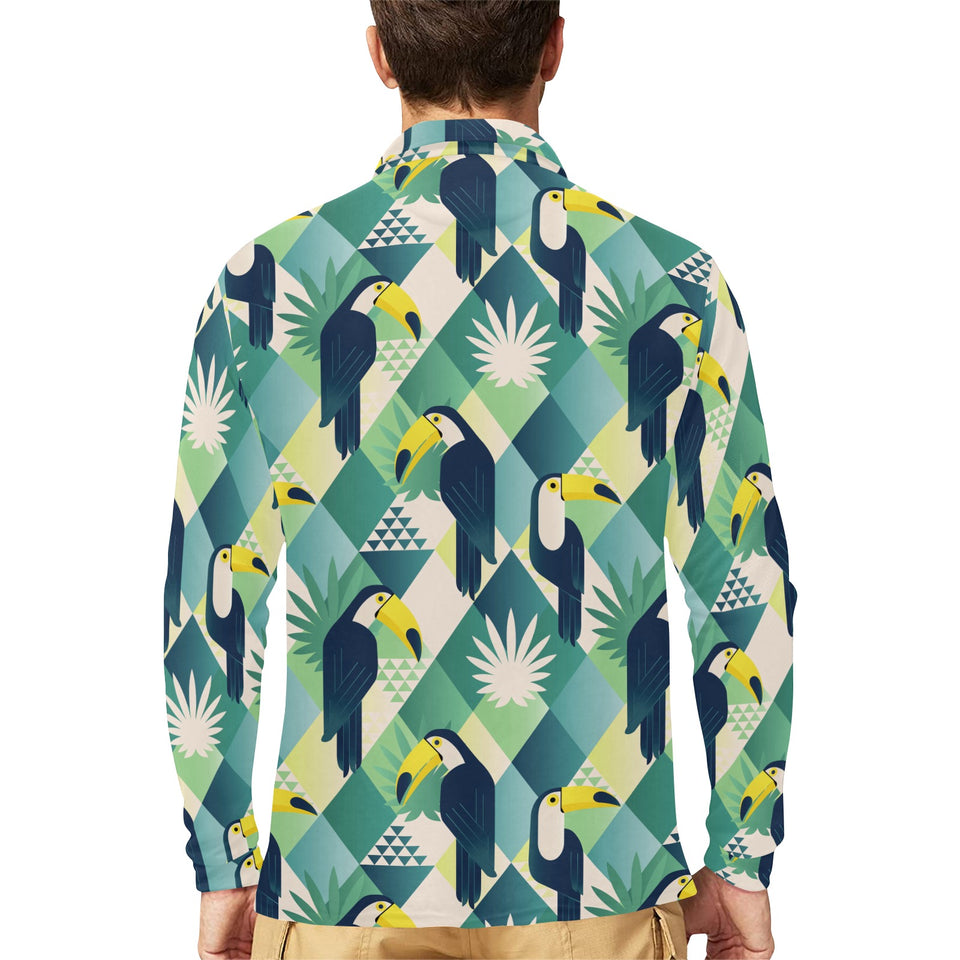 Toucan tropical leaves design pattern Men's Long Sleeve Polo Shirt