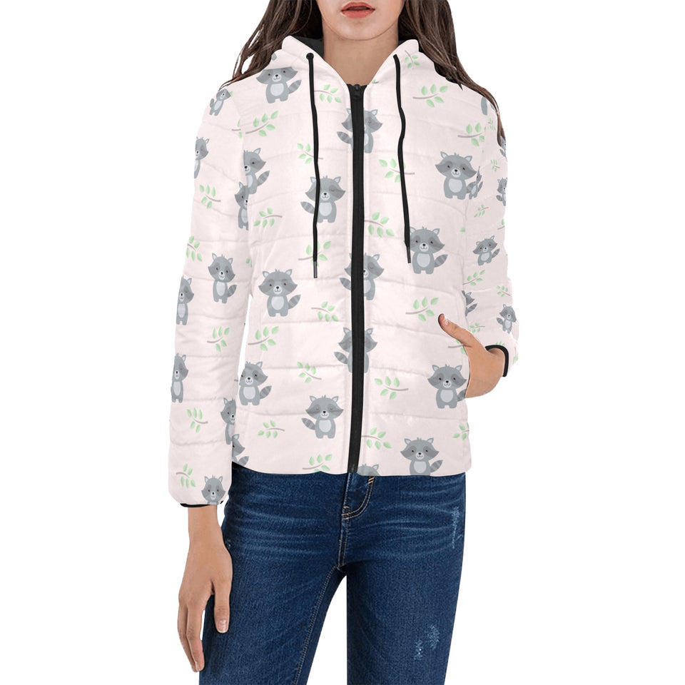cute raccoons leaves pattern Women's Padded Hooded Jacket