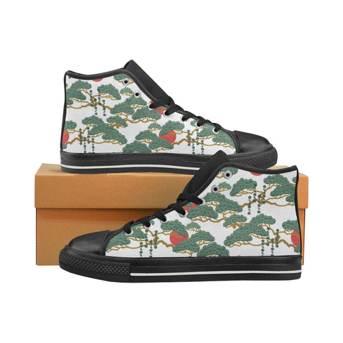 Bonsai red sun japanese pattern Women's High Top Canvas Shoes Black