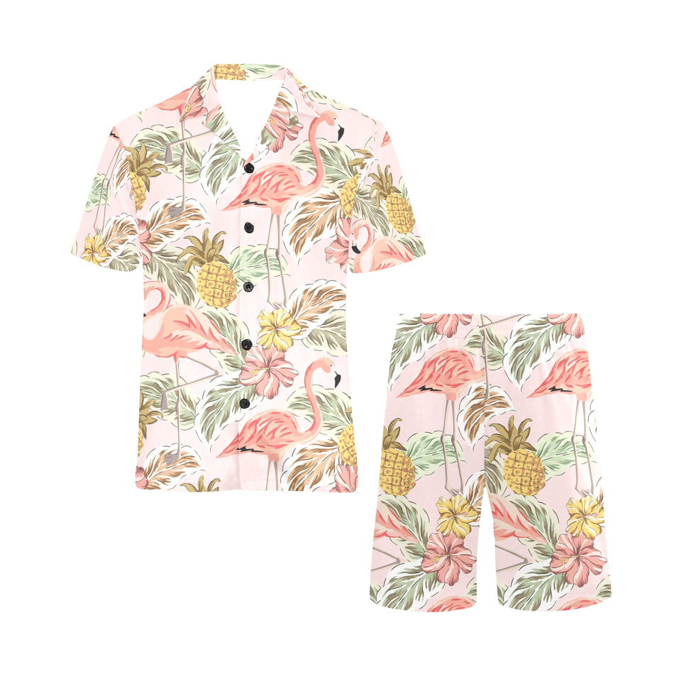 Pink flamingo birds pineapples hibiscus flower pat Men's V-Neck Short Pajama Set