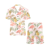 Pink flamingo birds pineapples hibiscus flower pat Men's V-Neck Short Pajama Set