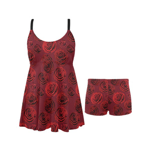 Rose Pattern Print Design 03 Chest Sexy Pleated Two Piece Swim Dress