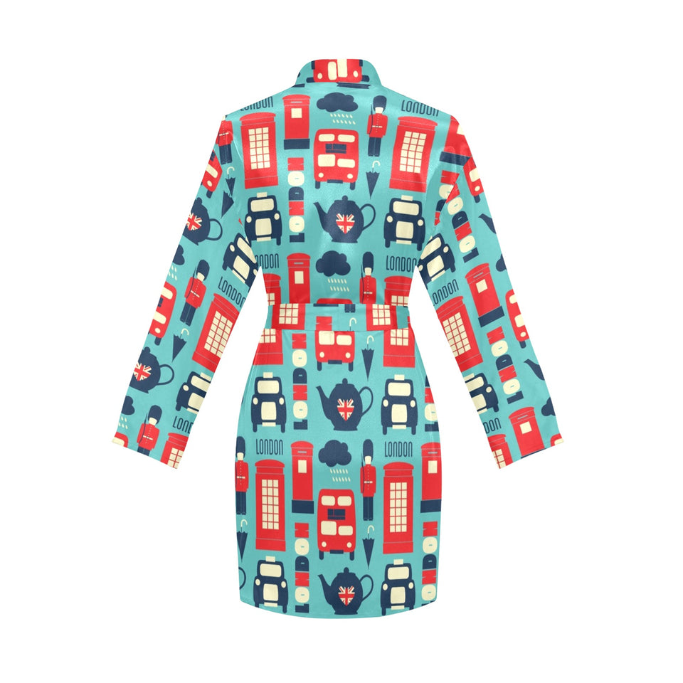 British Pattern Print Design 04 Women's Long Sleeve Belted Night Robe