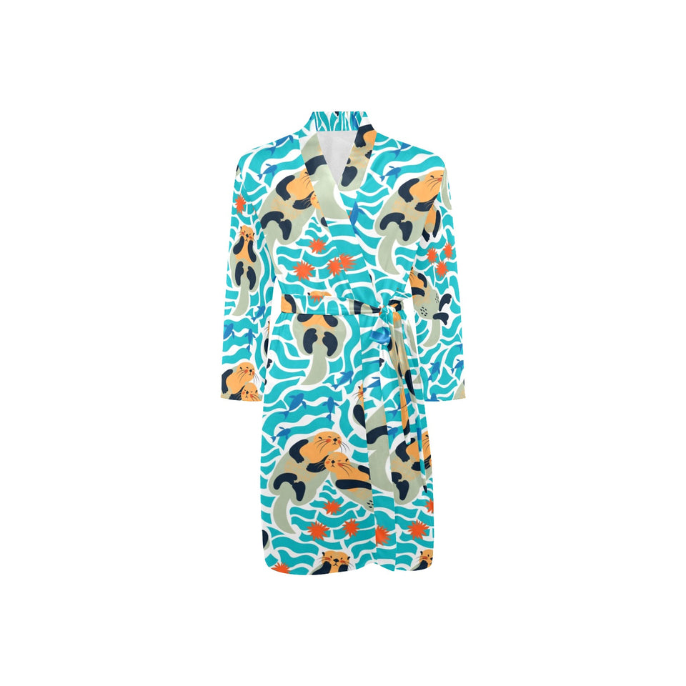 Cute sea otters fishe sea urchin pattern Men's Long Sleeve Belted Night Robe