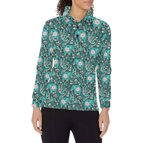 Elephants jungle pattern Women's Long Sleeve Polo Shirt