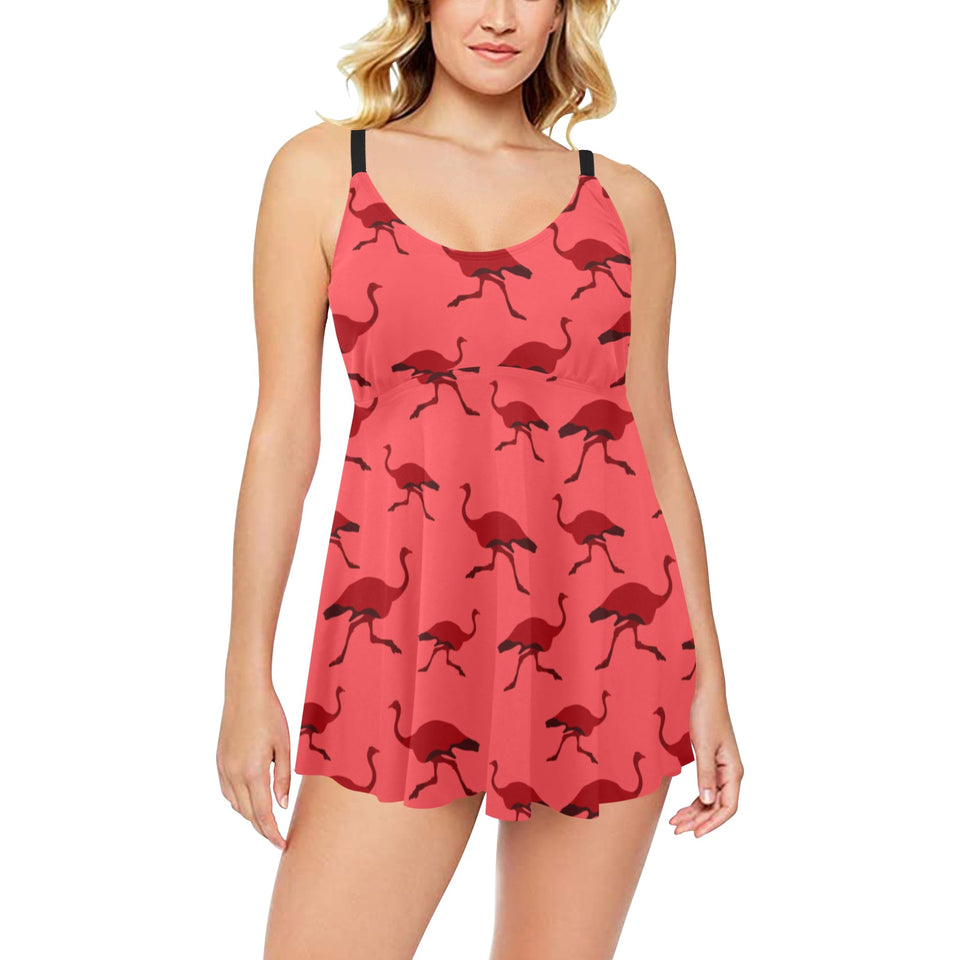 Ostrich Pattern Print Design 03 Chest Sexy Pleated Two Piece Swim Dress