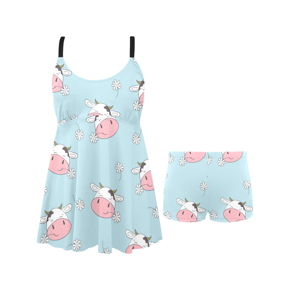 Cute cow flower pattern Chest Sexy Pleated Two Piece Swim Dress