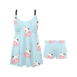 Cute cow flower pattern Chest Sexy Pleated Two Piece Swim Dress