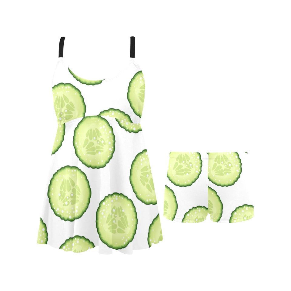 Cucumber slices pattern Chest Sexy Pleated Two Piece Swim Dress