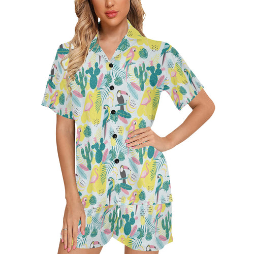 Cute parrot toucan flamingo cactus exotic leaves p Women's V-Neck Short Pajama Set