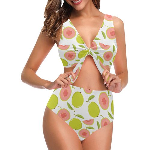 Guava pattern Chest Bowknot High Waisted Bikini Swimsuit