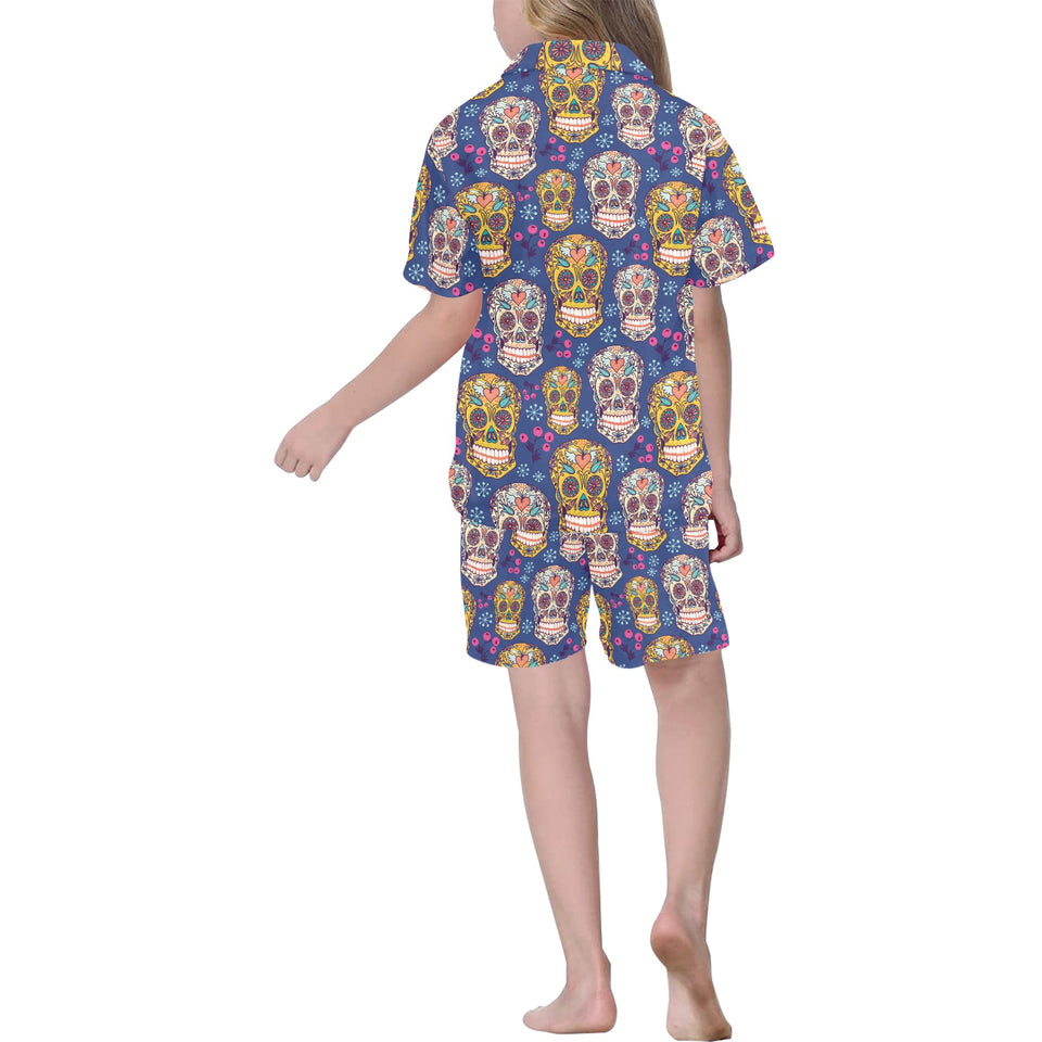 Sugar skull flower pattern Kids' Boys' Girls' V-Neck Short Pajama Set