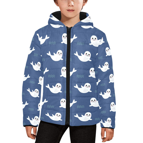 Cute white baby sea lion seal pattern Kids' Boys' Girls' Padded Hooded Jacket