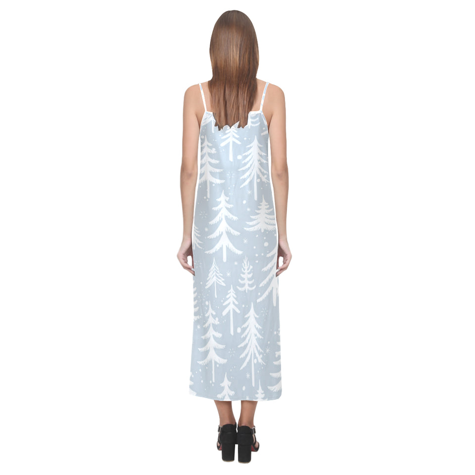 Christmas tree winter forest pattern V-Neck Open Fork Long Dress