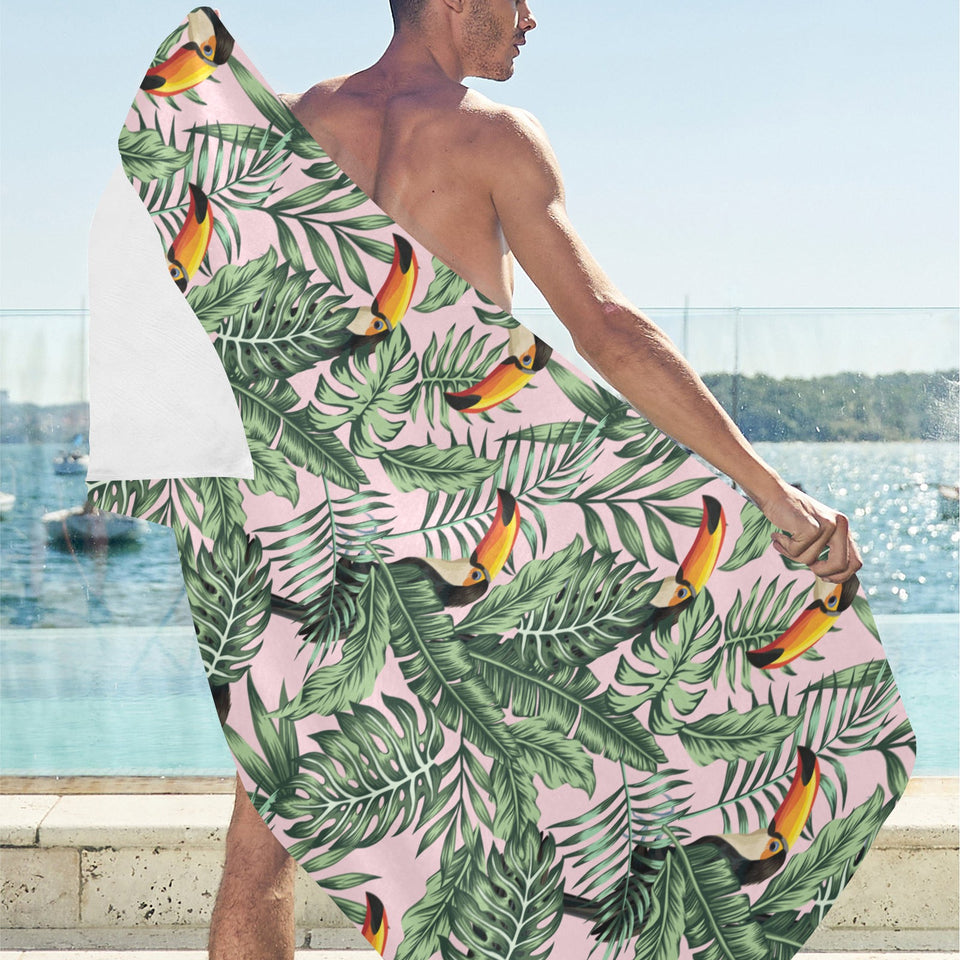Toucan tropical green jungle palm pattern Beach Towel