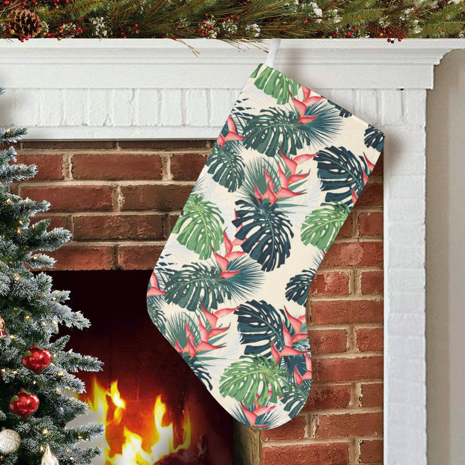heliconia flowers, palm and monstera leaves Christmas Stocking