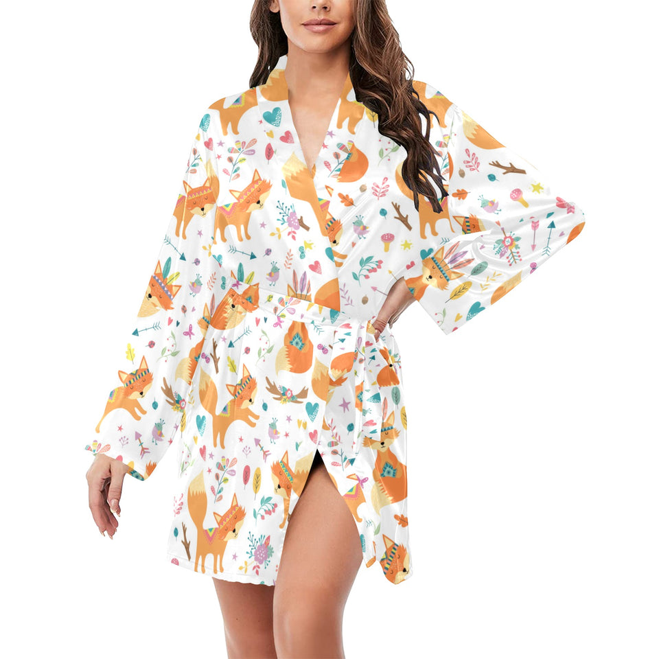 cute tribal fox pattern Women's Long Sleeve Belted Night Robe