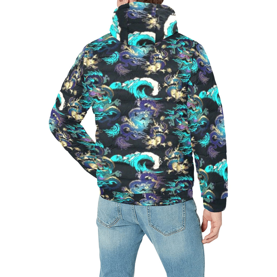 Dragon sea wave pattern Men's Padded Hooded Jacket