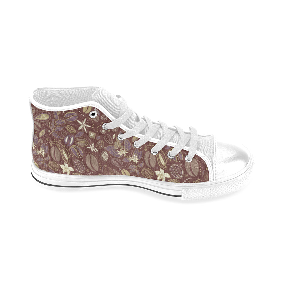 Coffee bean flower pattern Men's High Top Canvas Shoes White