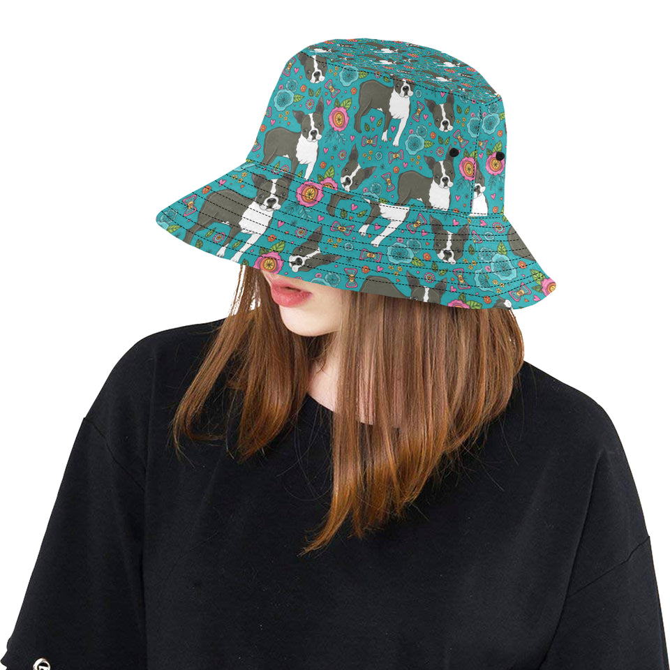 Boston terrier beautiful flower pattern Unisex Bucket Hat