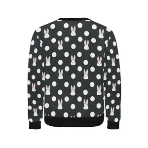 Cute white rabbit polka dots black background Men's Crew Neck Sweatshirt