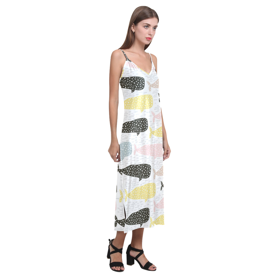 Whale dot pattern V-Neck Open Fork Long Dress