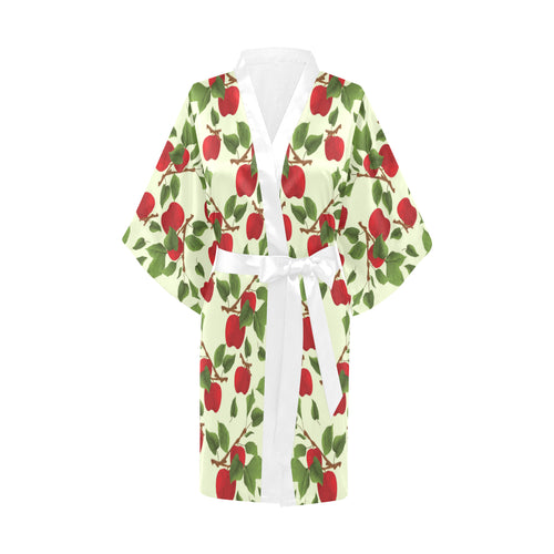 Red apples leaves pattern Women's Short Kimono Robe
