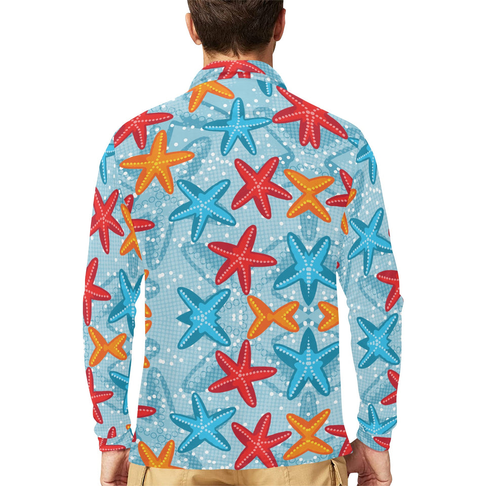 Blue red orange starfish pattern Men's Long Sleeve Polo Shirt