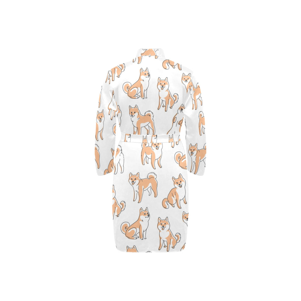 shiba inu dog pattern Men's Long Sleeve Belted Night Robe