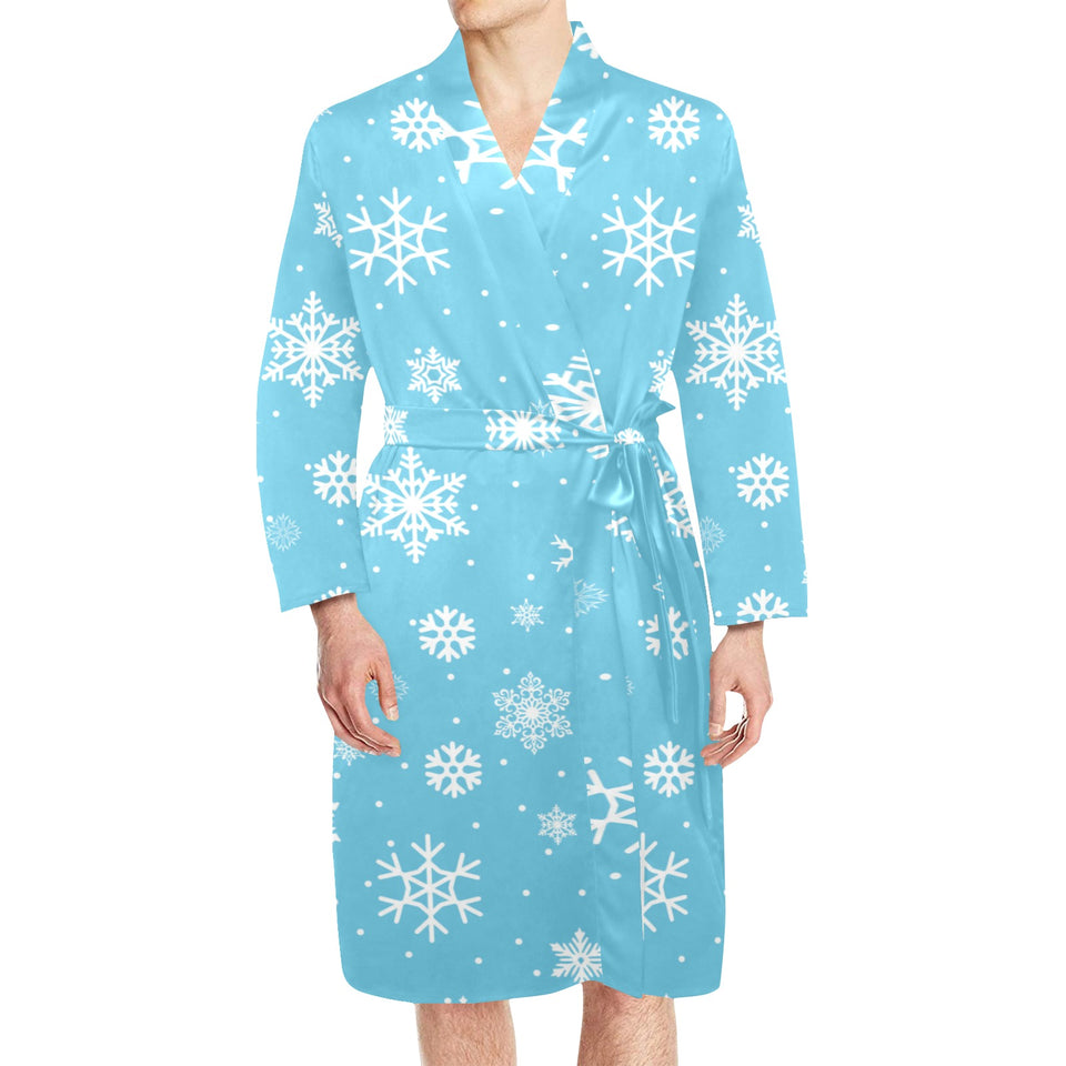 Snowflake pattern blue background Men's Long Sleeve Belted Night Robe