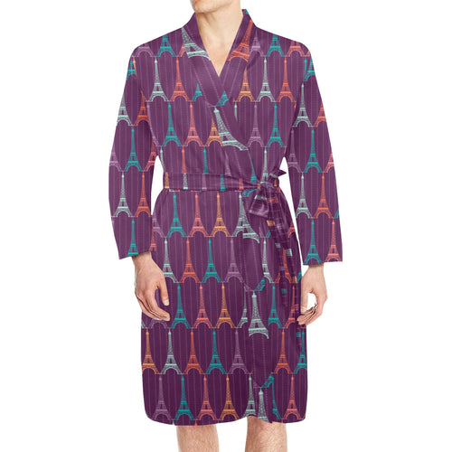 Eiffel Tower Pattern Print Design 05 Men's Long Sleeve Belted Night Robe