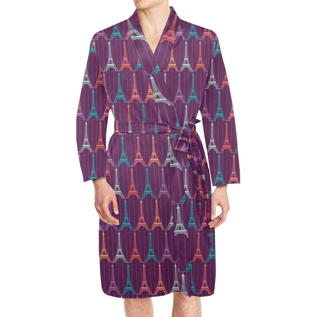 Eiffel Tower Pattern Print Design 05 Men's Long Sleeve Belted Night Robe