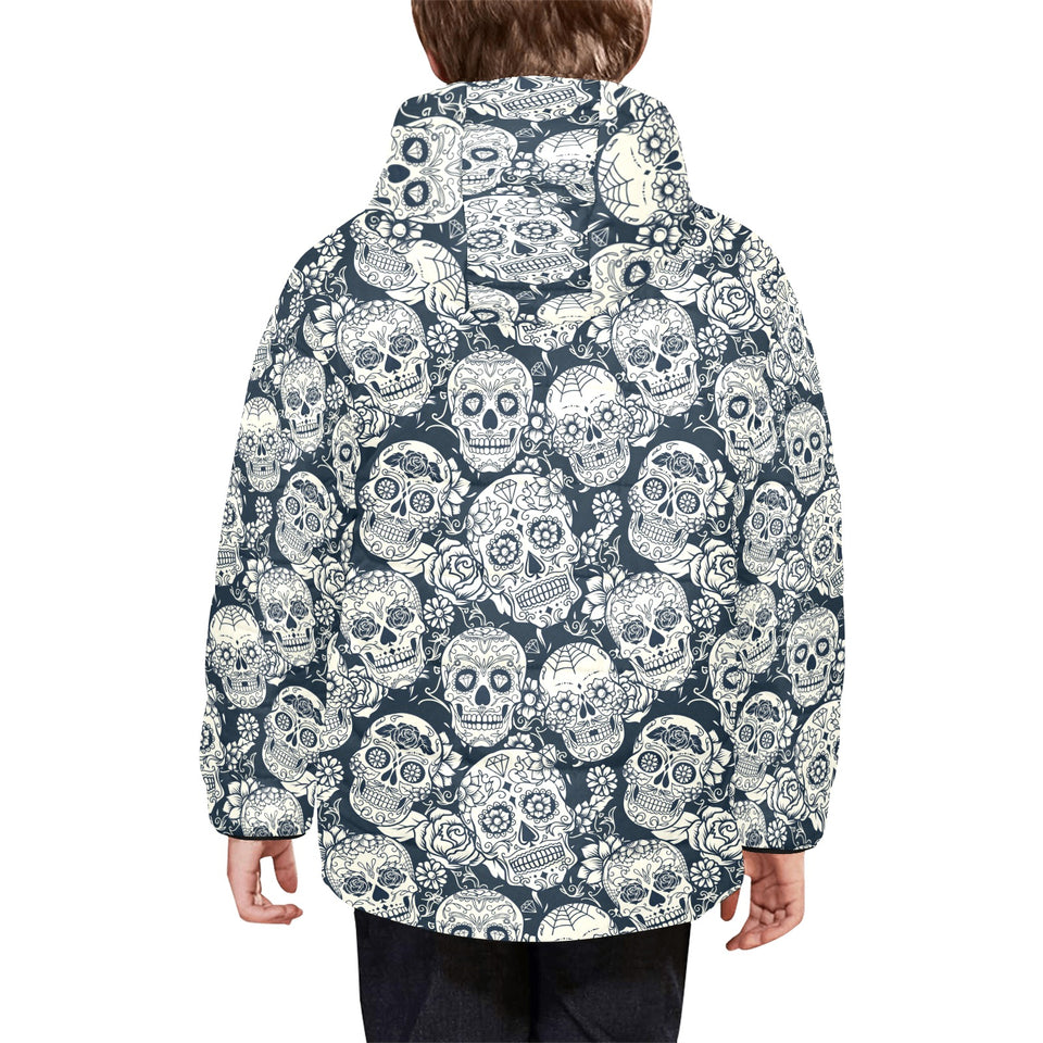 Sugar skull black white pattern Kids' Boys' Girls' Padded Hooded Jacket