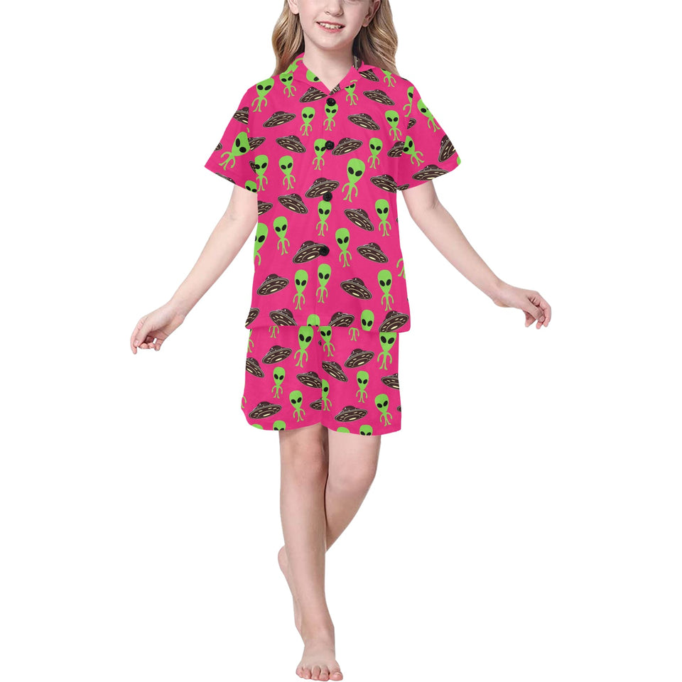 Alien Pattern Print Design 03 Kids' Boys' Girls' V-Neck Short Pajama Set