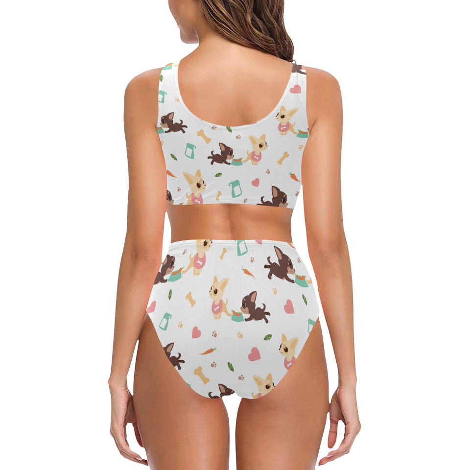 Cute Chihuahua puppie pattern Chest Bowknot High Waisted Bikini Swimsuit