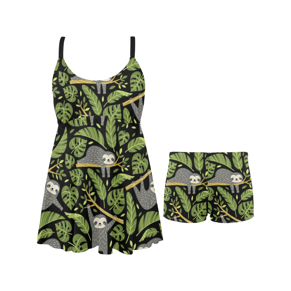 Cute sloths tropical palm leaves black background Chest Sexy Pleated Two Piece Swim Dress