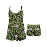Cute sloths tropical palm leaves black background Chest Sexy Pleated Two Piece Swim Dress